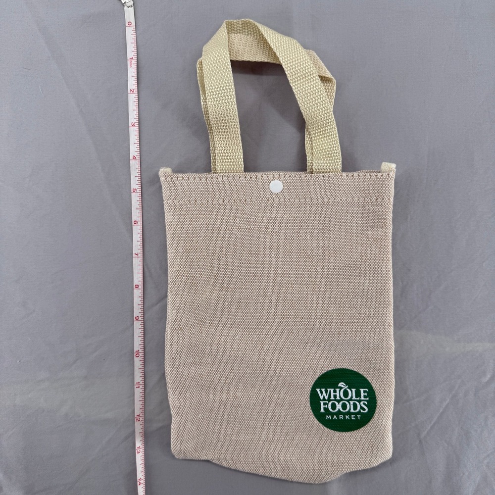 Whole Foods Market Mini Canvas Tote Bag Beige Green Logo Snap Closure Reusable - Picture 3 of 6
